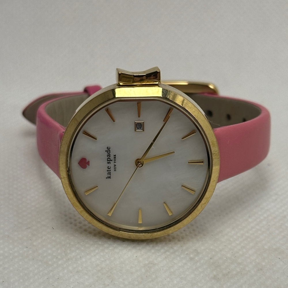 Kate Spade Park Row Watch Gold-tone Case Mother of Pearl Dial Pink Leather Band - Picture 10 of 10